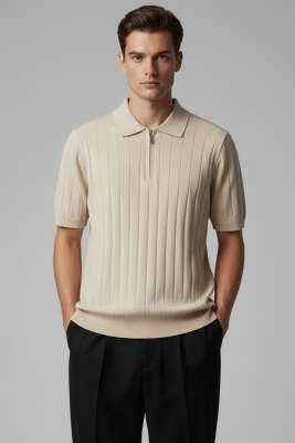 Polo Yaka Fermuar Detaylı Merserize T-Shirt Bej - WİPEOUT