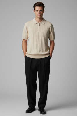 Polo Yaka Fermuar Detaylı Merserize T-Shirt Bej - Erkek T-shirt