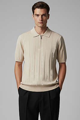 Polo Yaka Fermuar Detaylı Merserize T-Shirt Bej 