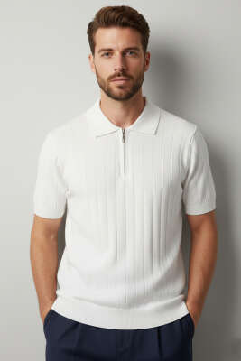 Polo Yaka Fermuar Detaylı Merserize T-Shirt Beyaz 