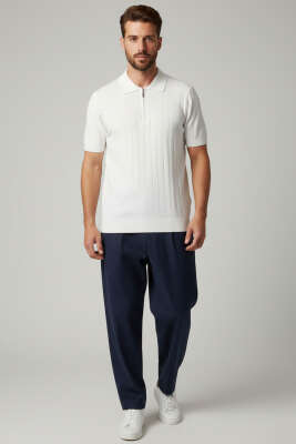 Polo Yaka Fermuar Detaylı Merserize T-Shirt Beyaz - Erkek T-shirt