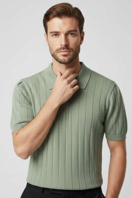 Polo Yaka Fermuar Detaylı Merserize T-Shirt Çağla Yeşili 