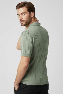Polo Yaka Fermuar Detaylı Merserize T-Shirt Çağla Yeşili - Erkek Polo Yaka Tişört