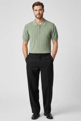 Polo Yaka Fermuar Detaylı Merserize T-Shirt Çağla Yeşili - Erkek T-shirt