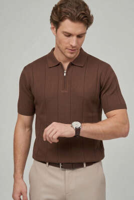 Polo Yaka Fermuar Detaylı Merserize T-Shirt Kahve - WİPEOUT