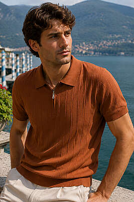 Polo Yaka Fermuar Detaylı Merserize T-Shirt Kiremit - WİPEOUT