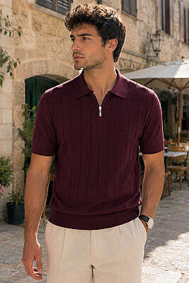 Polo Yaka Fermuar Detaylı Merserize T-Shirt Mürdüm 