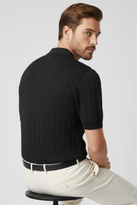 Polo Yaka Fermuar Detaylı Merserize T-Shirt Siyah - Erkek Siyah Tişört