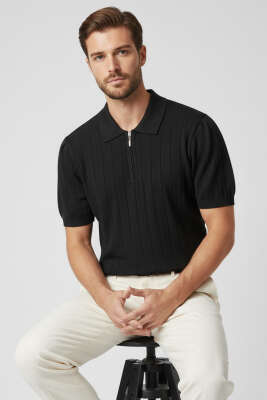 Polo Yaka Fermuar Detaylı Merserize T-Shirt Siyah - WİPEOUT