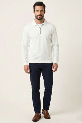 Polo Yaka Fermuarlı Basic Erkek Sweatshirt Ekru - Erkek Polo Yaka Tişört