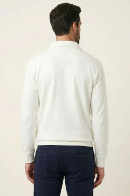 Polo Yaka Fermuarlı Basic Erkek Sweatshirt Ekru - Erkek Polo Yaka Tişört