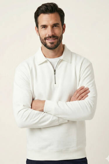 Polo Yaka Fermuarlı Basic Erkek Sweatshirt Ekru - Erkek Polo Yaka Tişört