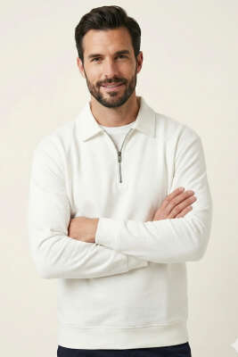 Polo Yaka Fermuarlı Basic Erkek Sweatshirt Ekru 