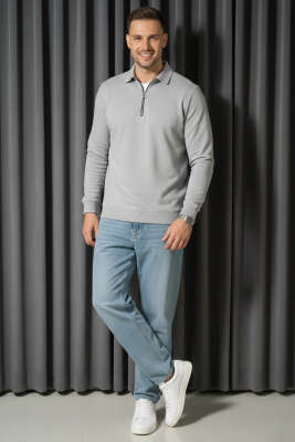 Polo Yaka Fermuarlı Basic Erkek Sweatshirt Gri - Erkek Polo Yaka Tişört