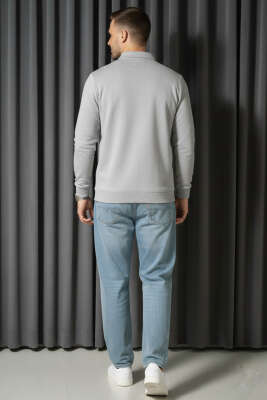 Polo Yaka Fermuarlı Basic Erkek Sweatshirt Gri - Erkek Polo Yaka Tişört
