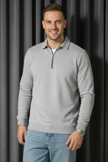 Polo Yaka Fermuarlı Basic Erkek Sweatshirt Gri - Yılın Fırsatı