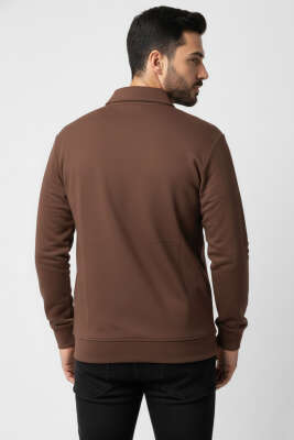 Polo Yaka Fermuarlı Basic Erkek Sweatshirt Kahve - Erkek Polo Yaka Tişört
