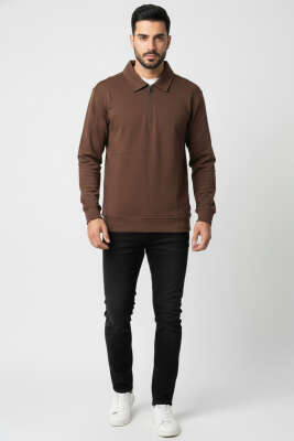 Polo Yaka Fermuarlı Basic Erkek Sweatshirt Kahve - Erkek Sweatshirt
