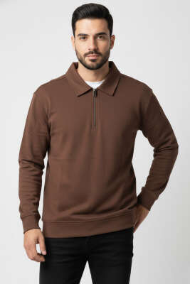 Polo Yaka Fermuarlı Basic Erkek Sweatshirt Kahve 