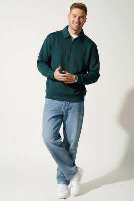 Polo Yaka Fermuarlı Basic Erkek Sweatshirt Nefti - Erkek Polo Yaka Tişört