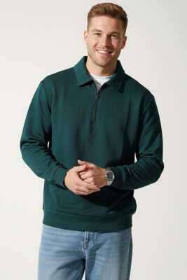 Polo Yaka Fermuarlı Basic Erkek Sweatshirt Nefti 