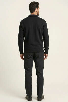 Polo Yaka Fermuarlı Basic Erkek Sweatshirt Siyah - Erkek Polo Yaka Tişört