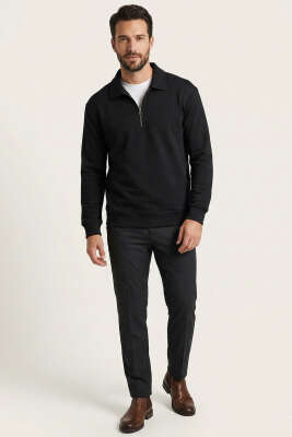 Polo Yaka Fermuarlı Basic Erkek Sweatshirt Siyah - Erkek Polo Yaka Tişört