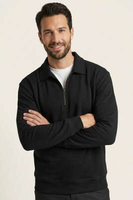 Polo Yaka Fermuarlı Basic Erkek Sweatshirt Siyah - FRESHMAN