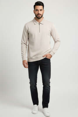 Polo Yaka Fermuarlı Basic Erkek Sweatshirt Taş - Erkek Polo Yaka Tişört