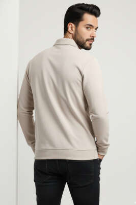 Polo Yaka Fermuarlı Basic Erkek Sweatshirt Taş - Erkek Polo Yaka Tişört