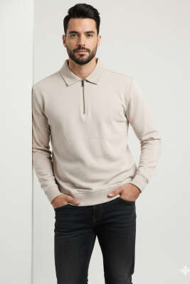 Polo Yaka Fermuarlı Basic Erkek Sweatshirt Taş 
