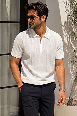 Polo Yaka Fermuarlı Basic Erkek T-shirt Ekru - Erkek T-shirt