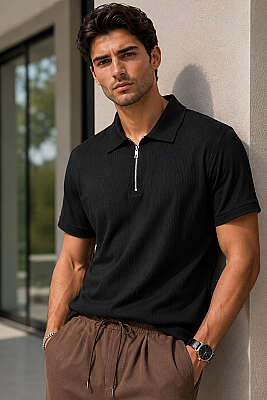 Polo Yaka Fermuarlı Basic Erkek T-shirt Siyah 