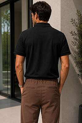 Polo Yaka Fermuarlı Basic Erkek T-shirt Siyah - Erkek T-shirt