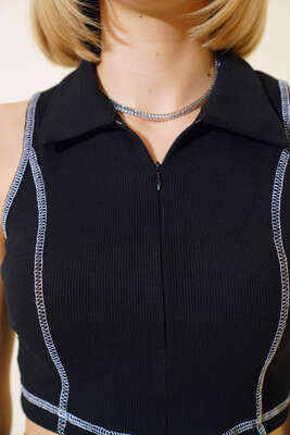 Polo Yaka Fermuarlı Crop Siyah - Kadın Giyim Modelleri