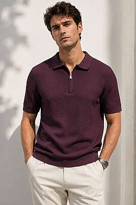 Polo Yaka Fermuarlı Detaylı Merserize Erkek T-shirt Mürdüm 