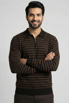 Polo Yaka Fermuarlı Erkek Sweatshirt Kahve - WİPEOUT