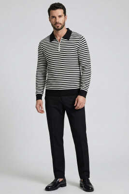 Polo Yaka Fermuarlı Erkek Sweatshirt Siyah - Erkek Sweatshirt