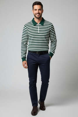Polo Yaka Fermuarlı Erkek Sweatshirt Yeşil - Erkek Polo Yaka Tişört