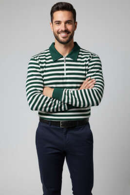 Polo Yaka Fermuarlı Erkek Sweatshirt Yeşil - Erkek Polo Yaka Tişört