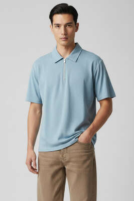 Polo Yaka Fermuarlı Erkek T-shirt Bebe Mavi 