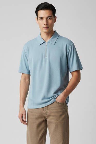 Polo Yaka Fermuarlı Erkek T-shirt Bebe Mavi - Erkek T-shirt