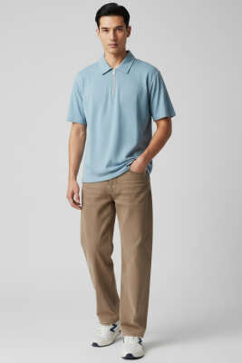 Polo Yaka Fermuarlı Erkek T-shirt Bebe Mavi - Erkek T-shirt