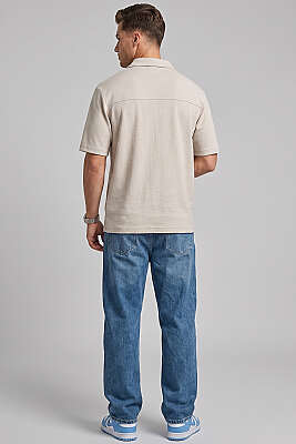 Polo Yaka Fermuarlı Erkek T-shirt Bej - Erkek T-shirt