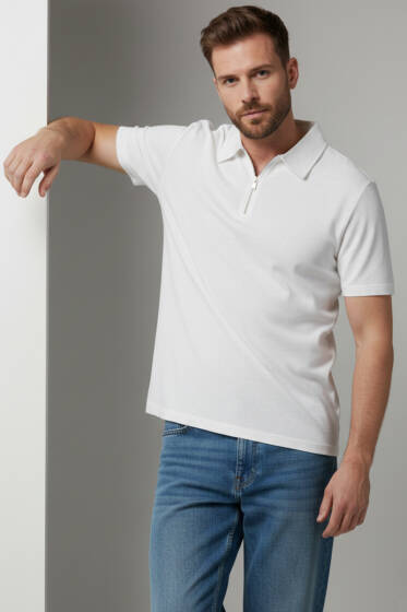Polo Yaka Fermuarlı Erkek T-shirt Beyaz - Erkek T-shirt