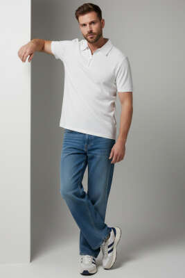 Polo Yaka Fermuarlı Erkek T-shirt Beyaz - Erkek T-shirt