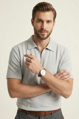 Polo Yaka Fermuarlı Erkek T-shirt Gri - FRESHMAN