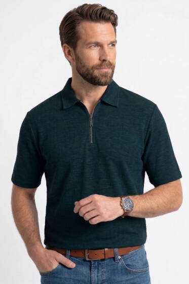 Polo Yaka Fermuarlı Erkek T-shirt Petrol - Yılın Fırsatı