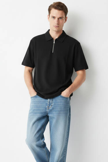 Polo Yaka Fermuarlı Erkek T-shirt Siyah - Erkek T-shirt