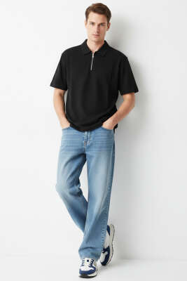 Polo Yaka Fermuarlı Erkek T-shirt Siyah - Erkek T-shirt